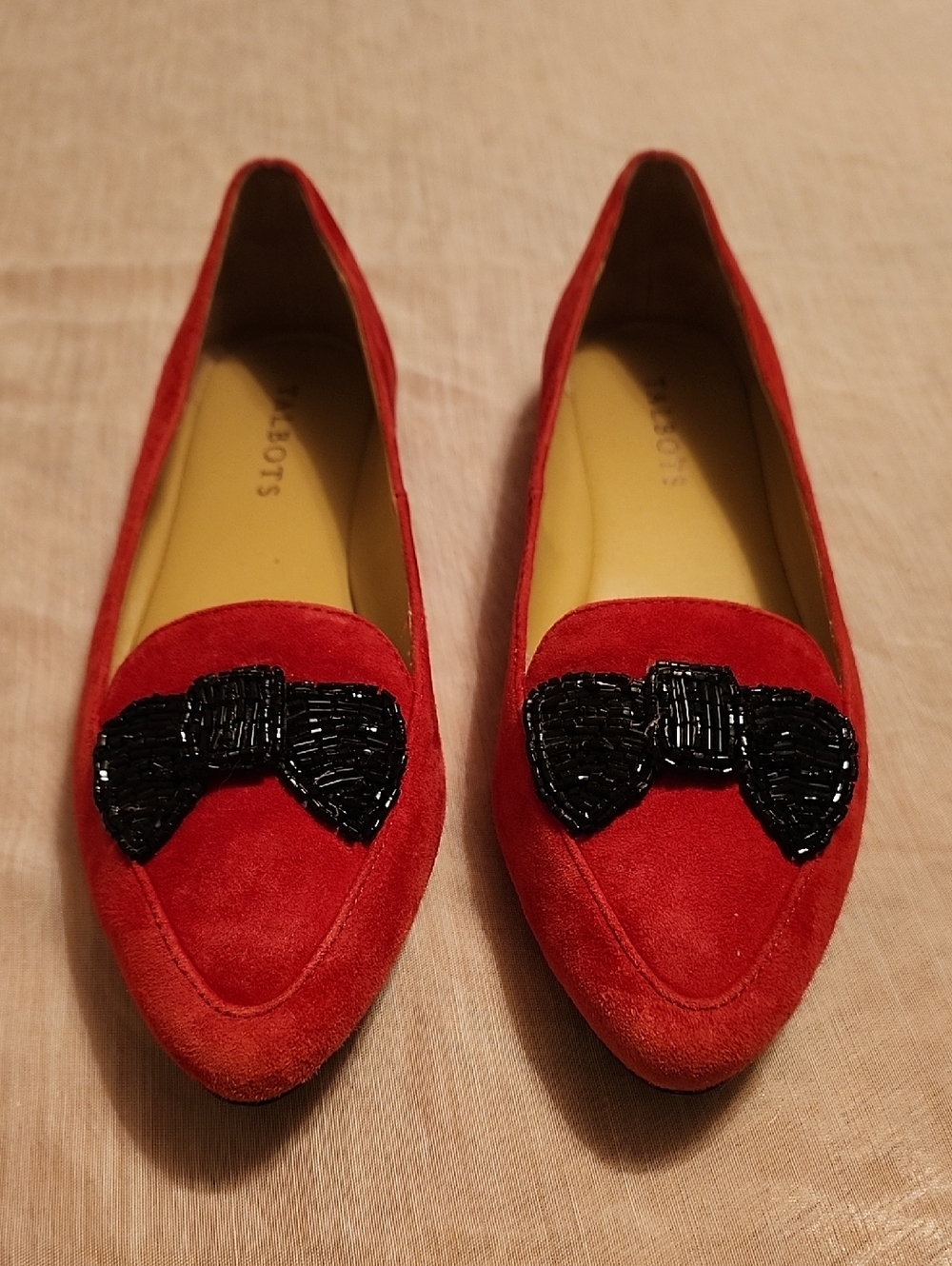 Talbots Womens  Red Flat Shoes With Black Beaded Bow Size 7M